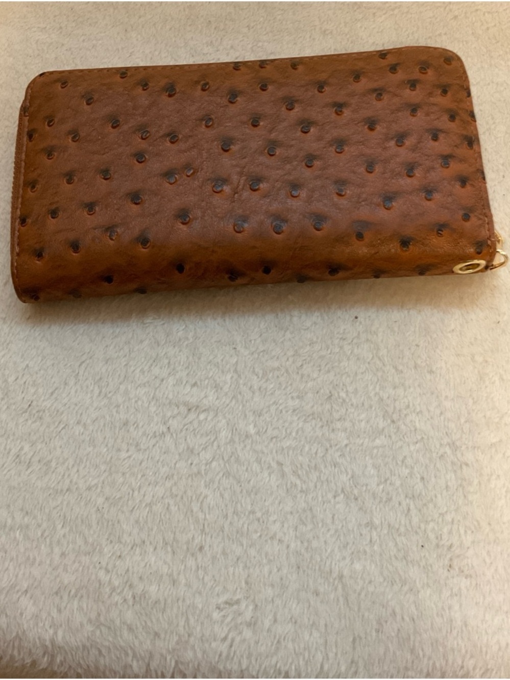 Brown Ostrich-Texture Zip Around Wristlet Clutch
